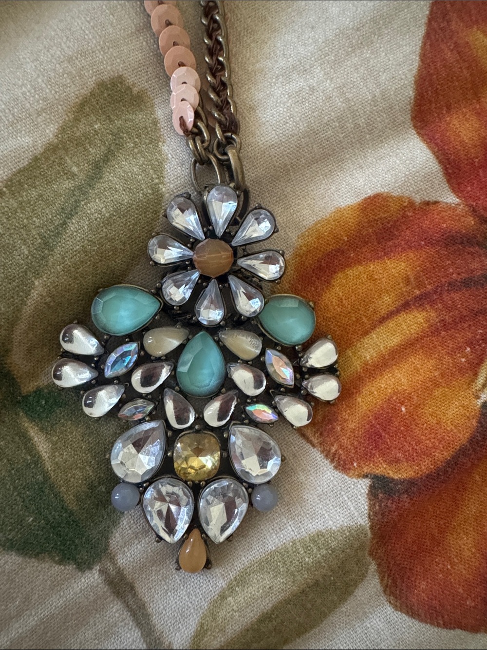 Anthropologie Turquoise and Clear Stone Floral Pendant Necklace